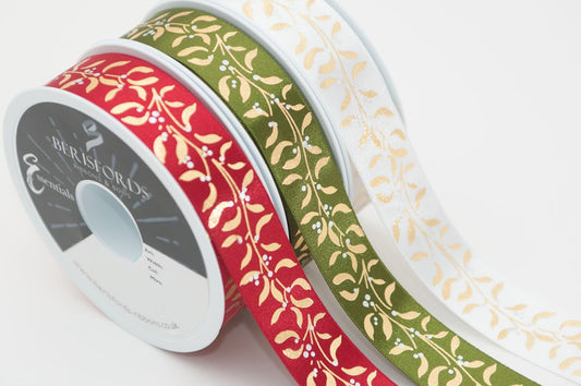 Bertie's Bows: Mistletoe Wishes Ribbon - Red Gold 25mm