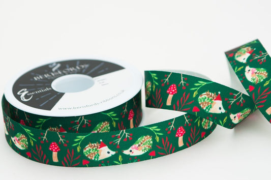 Bertie's Bows: Christmas Hedgehog Ribbon Green 25mm