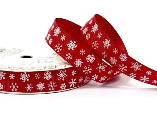 Bertie’s Bows White Snowflake Print on 16mm Red Grosgrain Ribbon