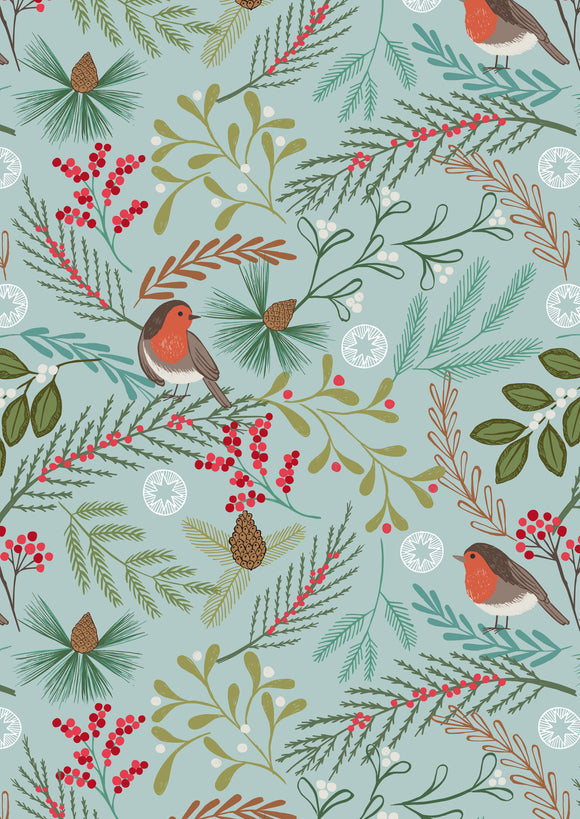 Lewis & Irene - New Forest Winter Flannel - Robin on Icy Blue