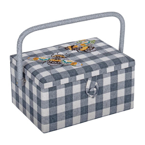 Sewing Box (M): Embroidered: Grey Gingham Bees