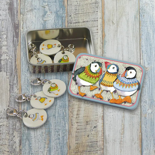 Woolly Puffins II Crochet Stitch Markers in a pocket tin by Emma Ball Ltd