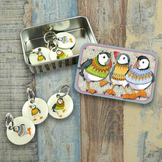 Woolly Puffin II Stitch Markers in a pocket tin by Emma Ball Ltd