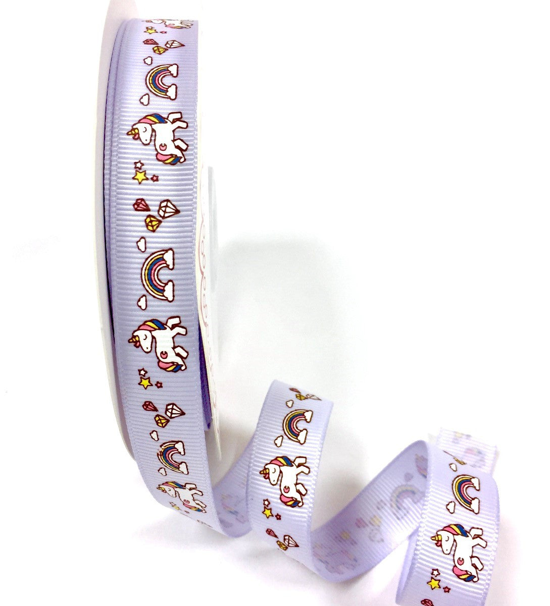 Bertie’s Bows Lilac 16mm Unicorn and Rainbow print grosgrain