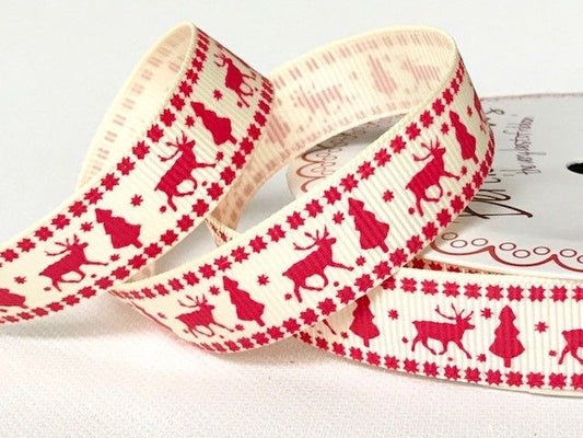 Bertie’s Bows Reindeer & Tree Print on 16mm Ivory Grosgrain Ribbon