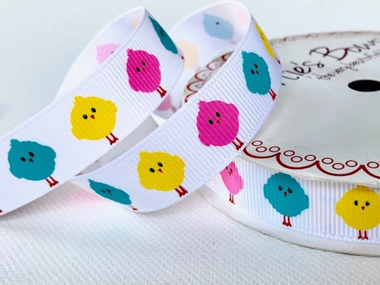 Bertie’s Bows Easter Chicks on 16mm White Grosgrain Ribbon