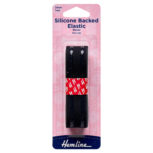 Hemline Silicone Backed Elastic: Black - 1m x 25mm