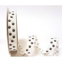 White Grosgrain Ribbon - 16mm - Brown Paw Print